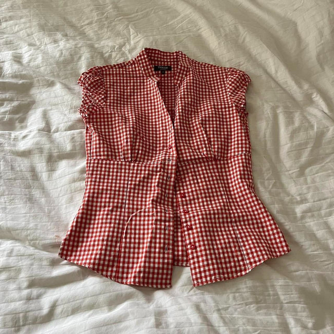 Red And White Short Sleeve Plaid Shirt Women Main Image
