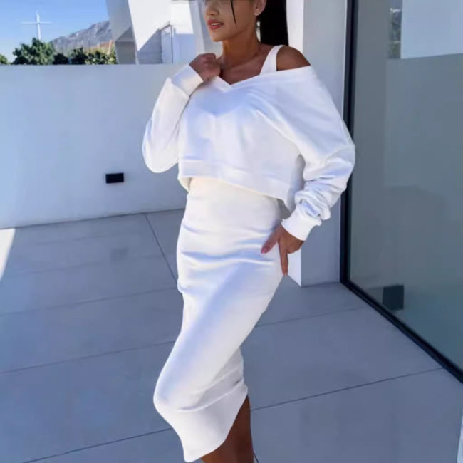 Women's Two Piece Dress Suit Fashion Long-sleeved  V-neck Pullover Sweatshirt And Sleeveless Dresses Set Main Image