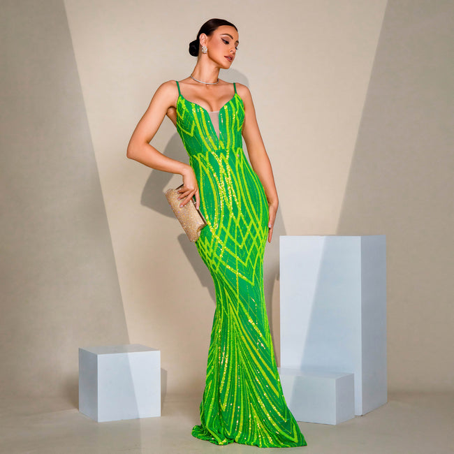 V-neck Strap Sequined Fishtail Evening Dress Main Image