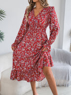 Women's Elegant Floral Cross V-Neck Waist-Defined Hem Ruffle Maxi Dress