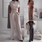 Women's Sleeveless Suit Fashion Slim Irregular Split Top And Straight Pants Solid Trouser Set