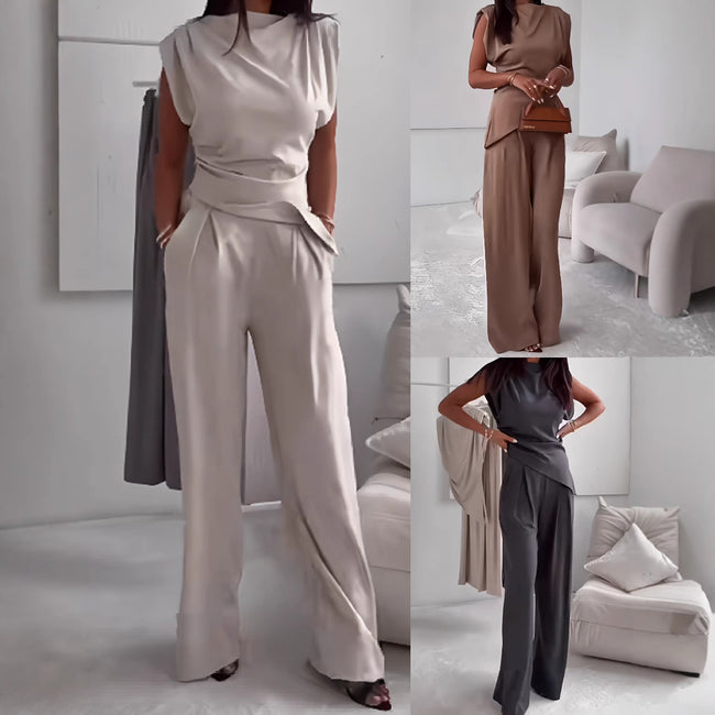 Women's Sleeveless Suit Fashion Slim Irregular Split Top And Straight Pants Solid Trouser Set Hover Image