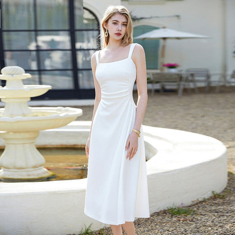 New High Sense French Style Temperament White Suspender Dress