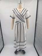 Casual Loose Retro Striped Print Holiday Dress Summer Short Sleeve V Neck Robes Dress Boho Beach Pleated A-Line Long Dress Woman
