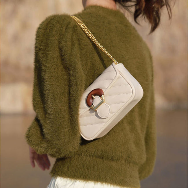Embroidered Thread Chain Design Messenger Bag For Women Big Metal Buckle Shoulder Bag Main Image