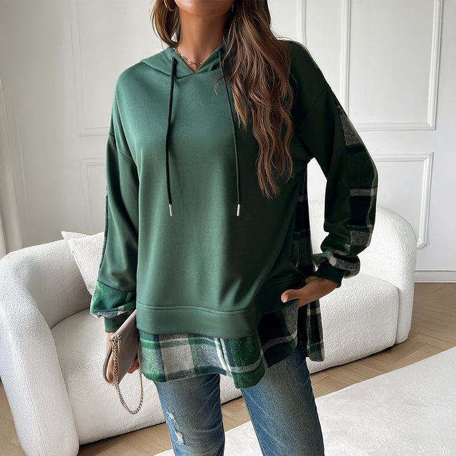 Women's Vintage Oversized Hoodie With Plaid Patchwork Stylish Y2k Clothing Streetwear Round Neck Hooded Long Sleeve Sweatshirts Main Image