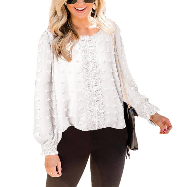 Chiffon Jacquard Lantern Long-sleeved Round Neck Blouse Women Main Image