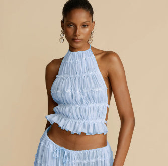 Backless Halter Lace-up Pleated Dress Lace Vest Suit