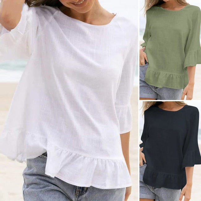 Women's Ruffled Cotton And Linen Style Solid Color T-shirt Casual Beach Blouse Main Image