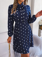 Women's Polka Dot Tie-Waist Long Sleeve Pleated Maxi Dress