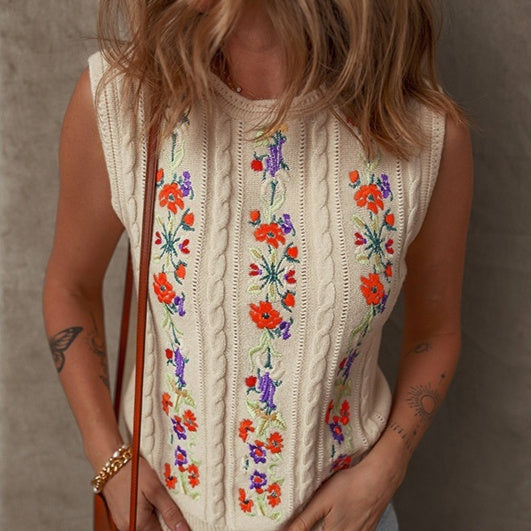 Fashion Floral Embroidered Knitted Vest For Women New Niche Retro Outerwear Sleeveless Top For Women Hover Image