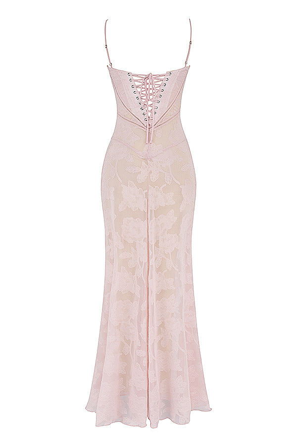 Robe Bretelles en Dentelle Florale Sexy, Mode Été, Robes Longues Slim à Lacets au Dos, Tenue de Soirée Club pour Femme