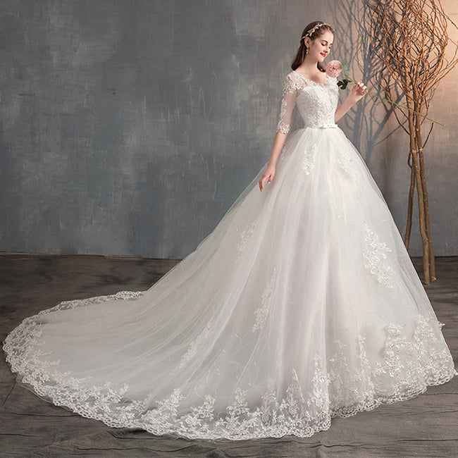 Wedding Dress Trailing Deep V Neck Lace High Waist Wedding Dress Long Sleeves Hover Image