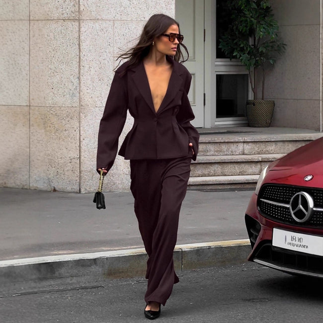 Autumn Workplace Brown Waist-cinching Suit And Trousers Set Main Image