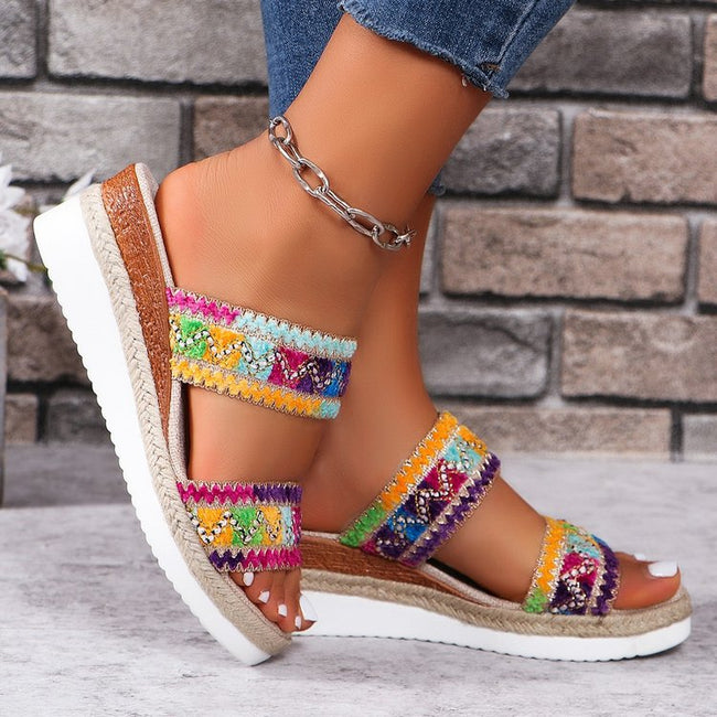 Fashion Wavy Pattern Woven Sandals Summer Casual Ethnic Style Slippers Linen Bottom Wide Strap Wedges Shoes For Women Main Image