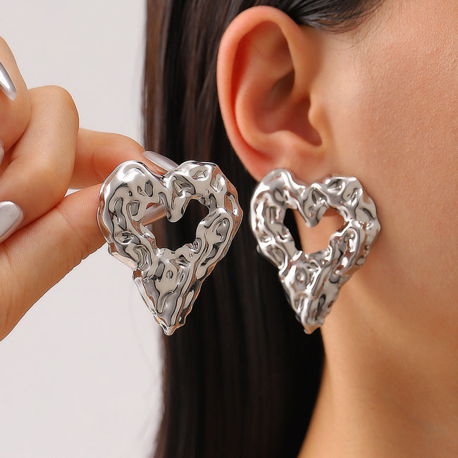 New Pleated Lava Hollow Heart-shaped Earrings Personality Exaggerated Love Earrings For Women Valentine's Day Jewelry Main Image