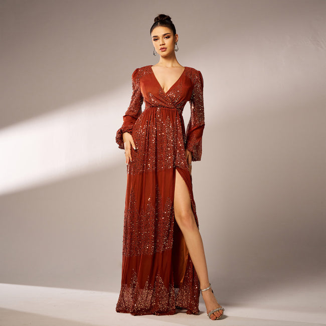 Long Sleeve V-neck Sexy Long Sequined Evening Dress Hover Image