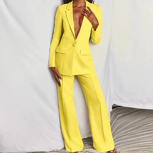 2pcs Casual Suit Lapel Button-down Blazer Jacket And Straight-leg Pants Office Commuting Business Trousers Set Clothing Main Image