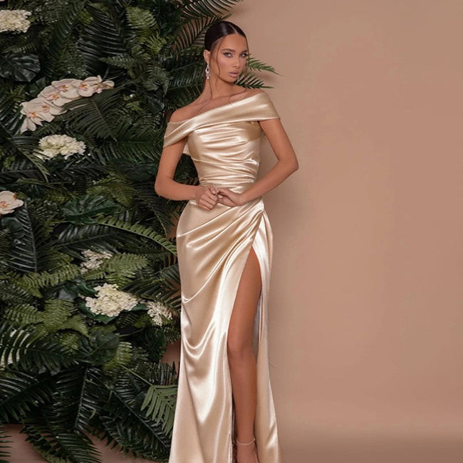 Elegant Off Shoulder Satin Slit Dress, Wedding Extra Long Formal Gown, Christmas Party Dress, Bridesmaid Dress Hover Image