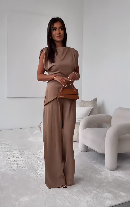 Women's Sleeveless Suit Fashion Slim Irregular Split Top And Straight Pants Solid Trouser Set