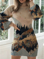Long Printed Sweater Dress Women High Collar