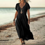 Loose Solid Color And V-neck Cotton And Linen Dress