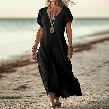 Loose Solid Color And V-neck Cotton And Linen Dress