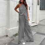 Two-piece Set Lace-up Halterneck Vest Sleeveless Top Women's Wide-leg Pants Suit