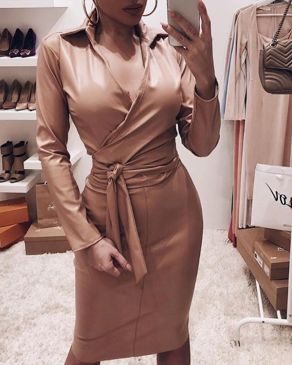 Pu leather v-neck slim sexy dress