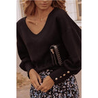 Solid Color Button Long Sleeve V-neck T-shirt Women