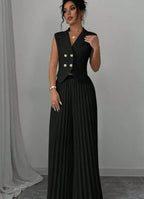 Summer Sleeveless Suit Fashion Lapel Button Vest Top And Pleated Straight Pants Women's Trousers Set Clothing