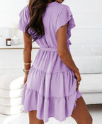 Women Summer New Solid Color And V-neck Pullover Strap Waist Trimming Short-sleeved Stitching Big Swing Dress