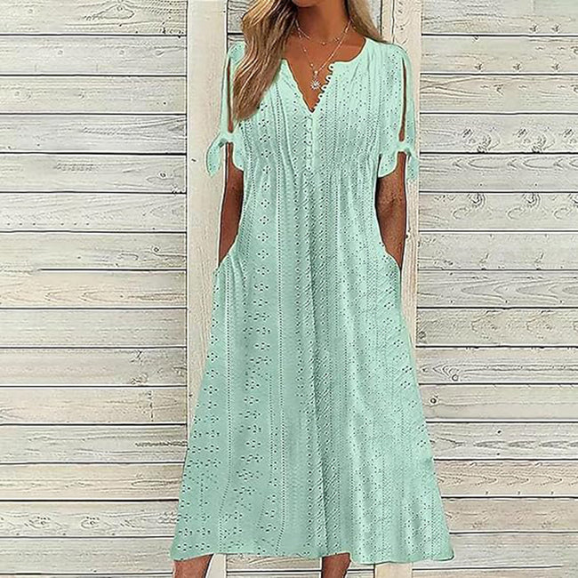 Women's Eyelet V-Neck Maxi Dress Short Sleeve Flowy A-Line Summer Beach Dress Main Image