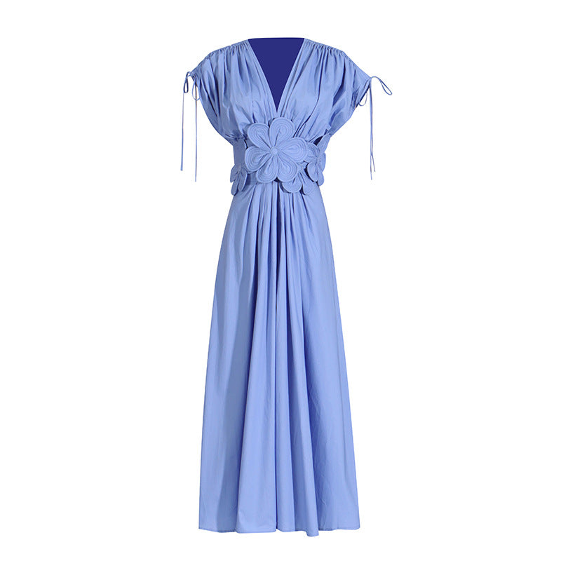 V-neck Lace-up Pleating Design Flower Stitching High Waist Dress