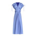 V-neck Lace-up Pleating Design Flower Stitching High Waist Dress