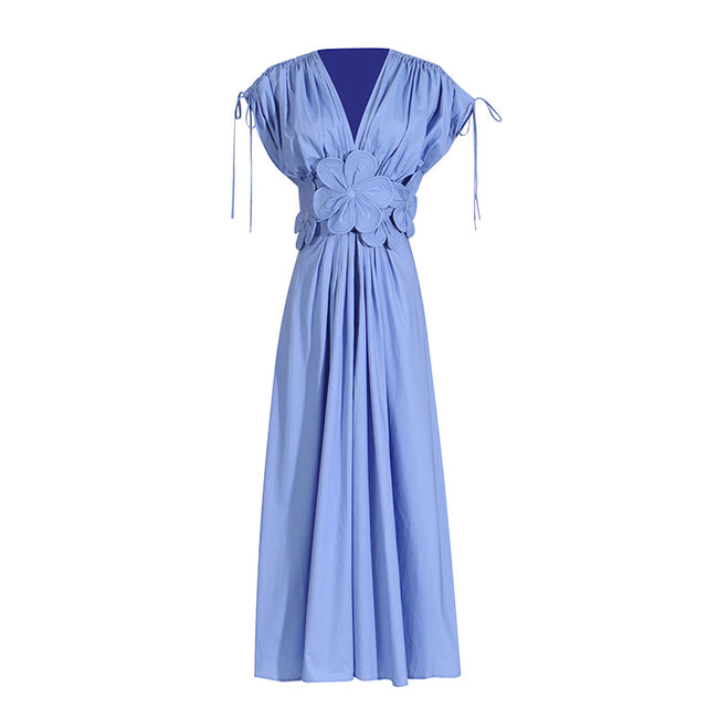 V-neck Lace-up Pleating Design Flower Stitching High Waist Dress Main Image