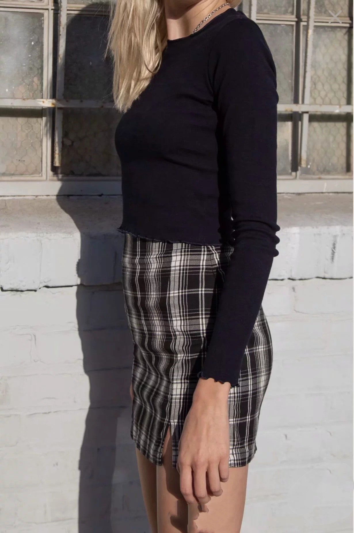Plaid skirt with double slit bottom