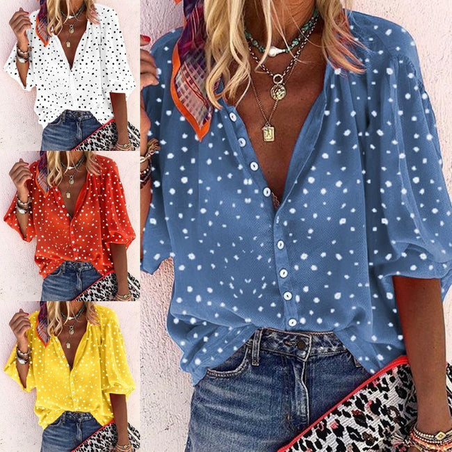 Printed Long Sleeve V-neck Button Ladies Blouse Women Hover Image