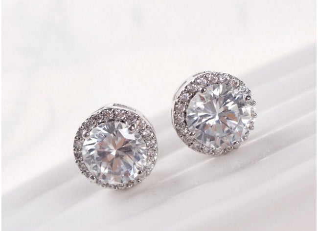 Fashion Women Girl White Rhinestone Crystal Round Metal Silver Zircon Ear Stud Earrings Patry Earring Jewelry Hover Image