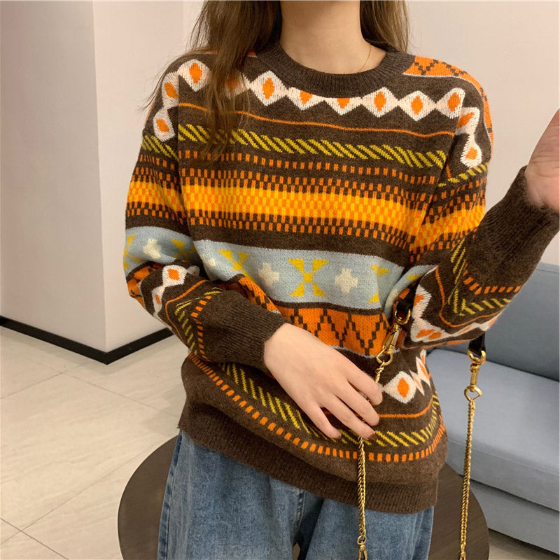 New Trendy Round Neck Long Sleeve Sweater All-Match Loose Sweater Women