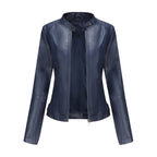 Women's Zip-up Leather Jackets Fashion Solid Color Pockets Stand Collar Top Outwear Clothing