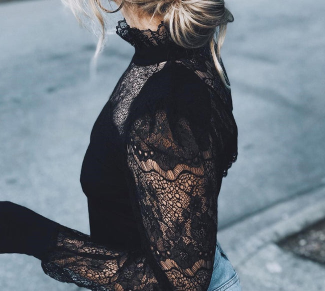 Fashion Casual Women's Ladies Blouses Long Sleeves Sheer Tops Floral Lace Blouse Shirt Top Blouse Black Clothing Turtleneck Main Image