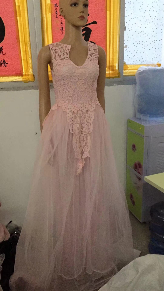 Women Wedding Dress Sleevless Flowers Lace Dress Main Image