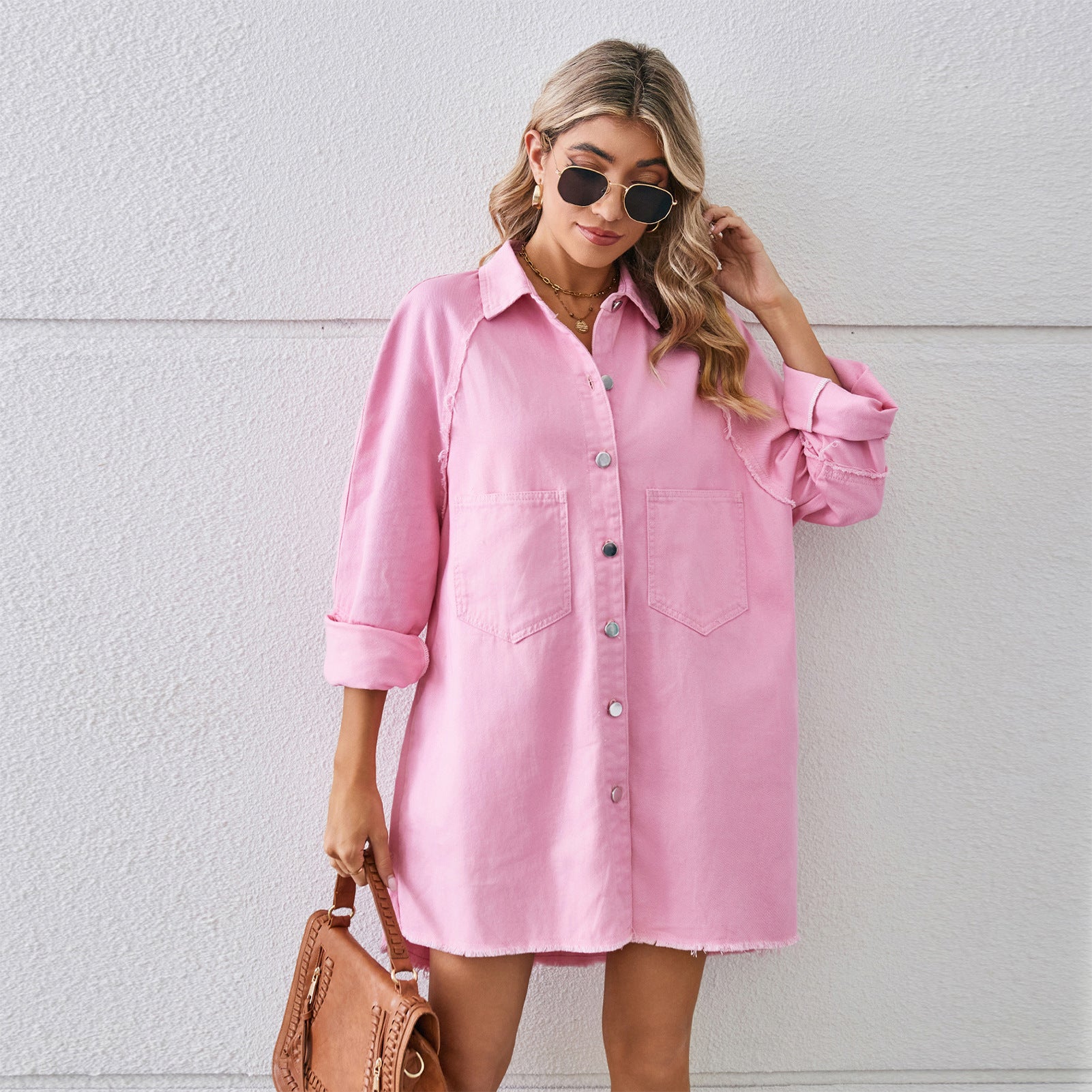 Washed Raw Edge Denim Dress Stitching Long-sleeved Cardigan