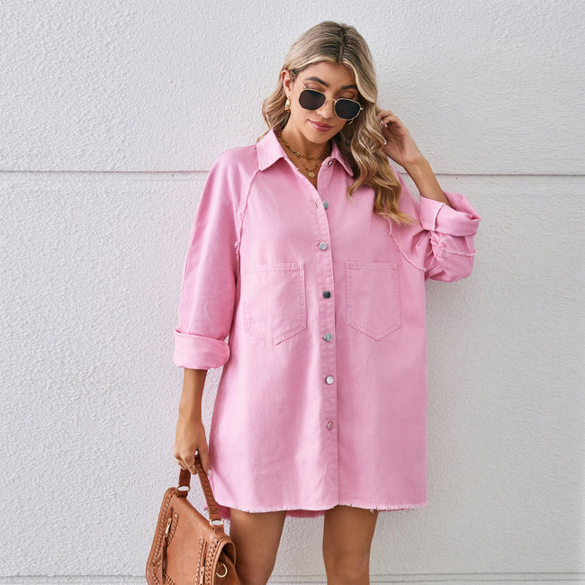 Washed Raw Edge Denim Dress Stitching Long-sleeved Cardigan Hover Image