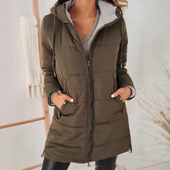 Women's Hooded Solid Color Pocket Long Cotton Jacket Coat Hover Image