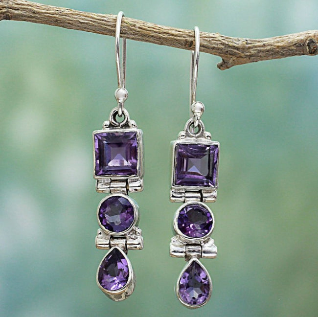 Silver 925 Jewelry Drop Earrings For Women Fashion Elegant Amethyst Dangle Earrings Wedding Wholesale Gift Hover Image