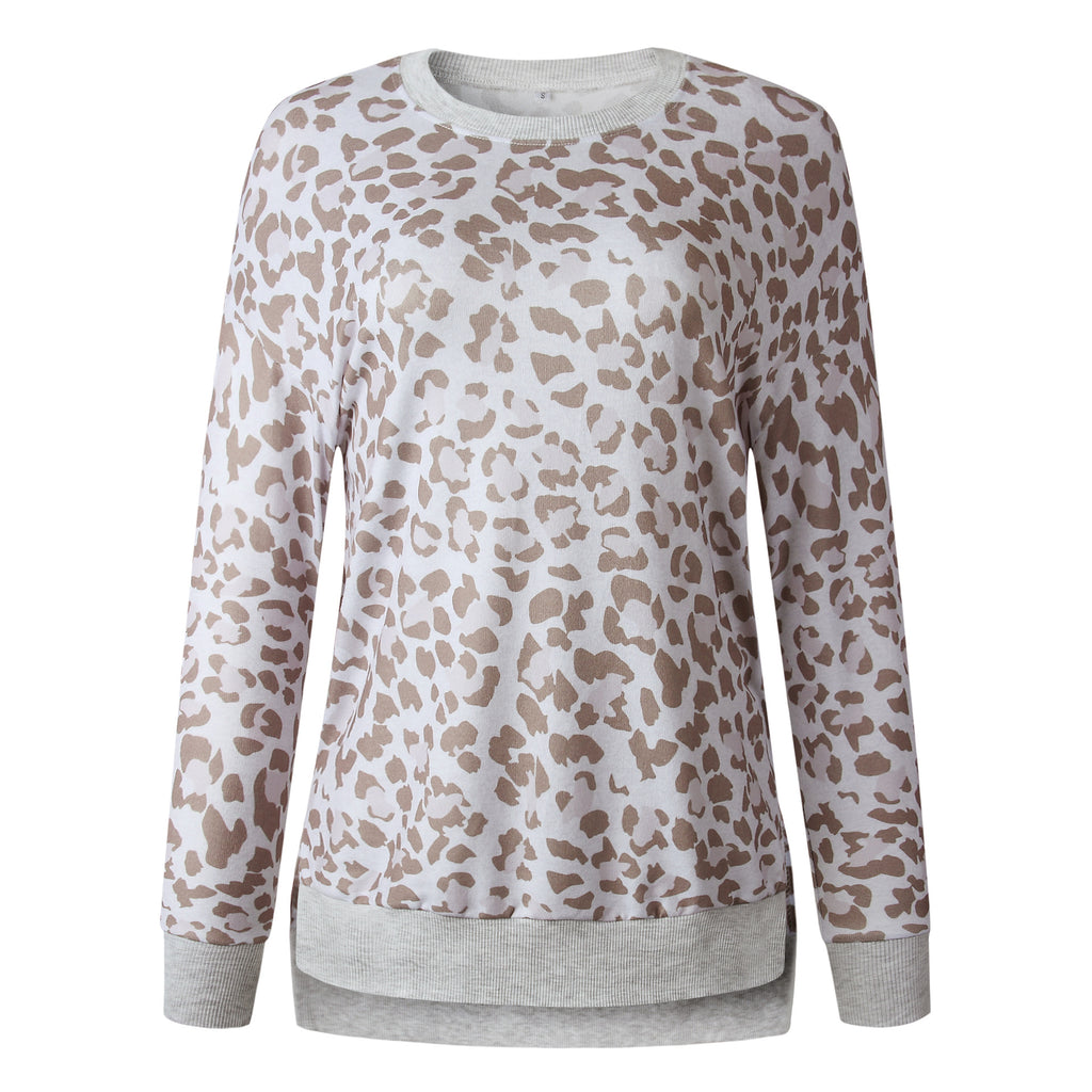 Leopard print round neck irregular long-sleeved blouse
