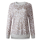 Leopard print round neck irregular long-sleeved blouse