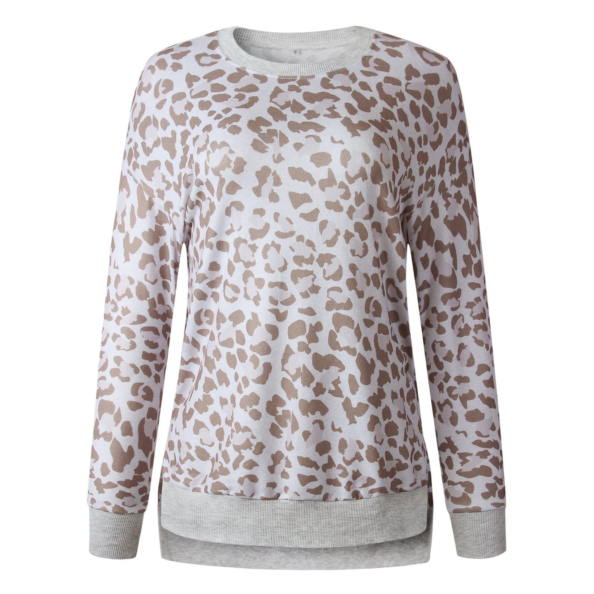 Leopard print round neck irregular long-sleeved blouse
